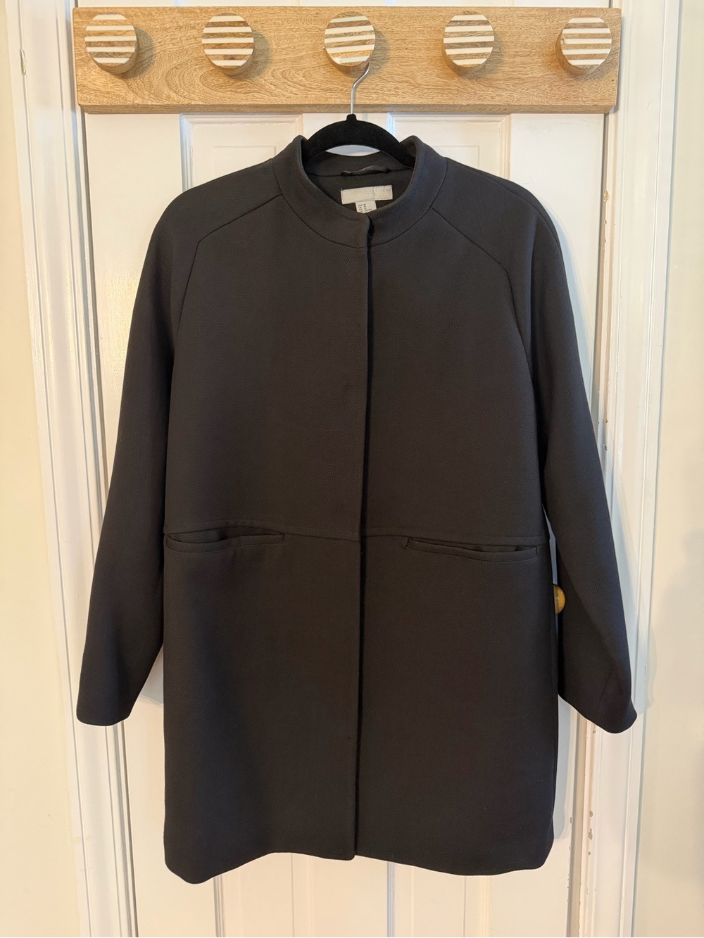 H&M Women's Black Minimal Collar Coat Wool Blend Size 10 EUC
